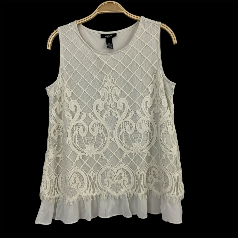 Alfani Lace Overlay Ruffle Hem Tank Top Women M Petite Cream Ethereal Romantic